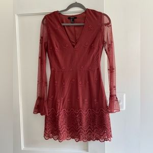 Maroon Forever 21 Embroidered Long Sleeved Mini Dress